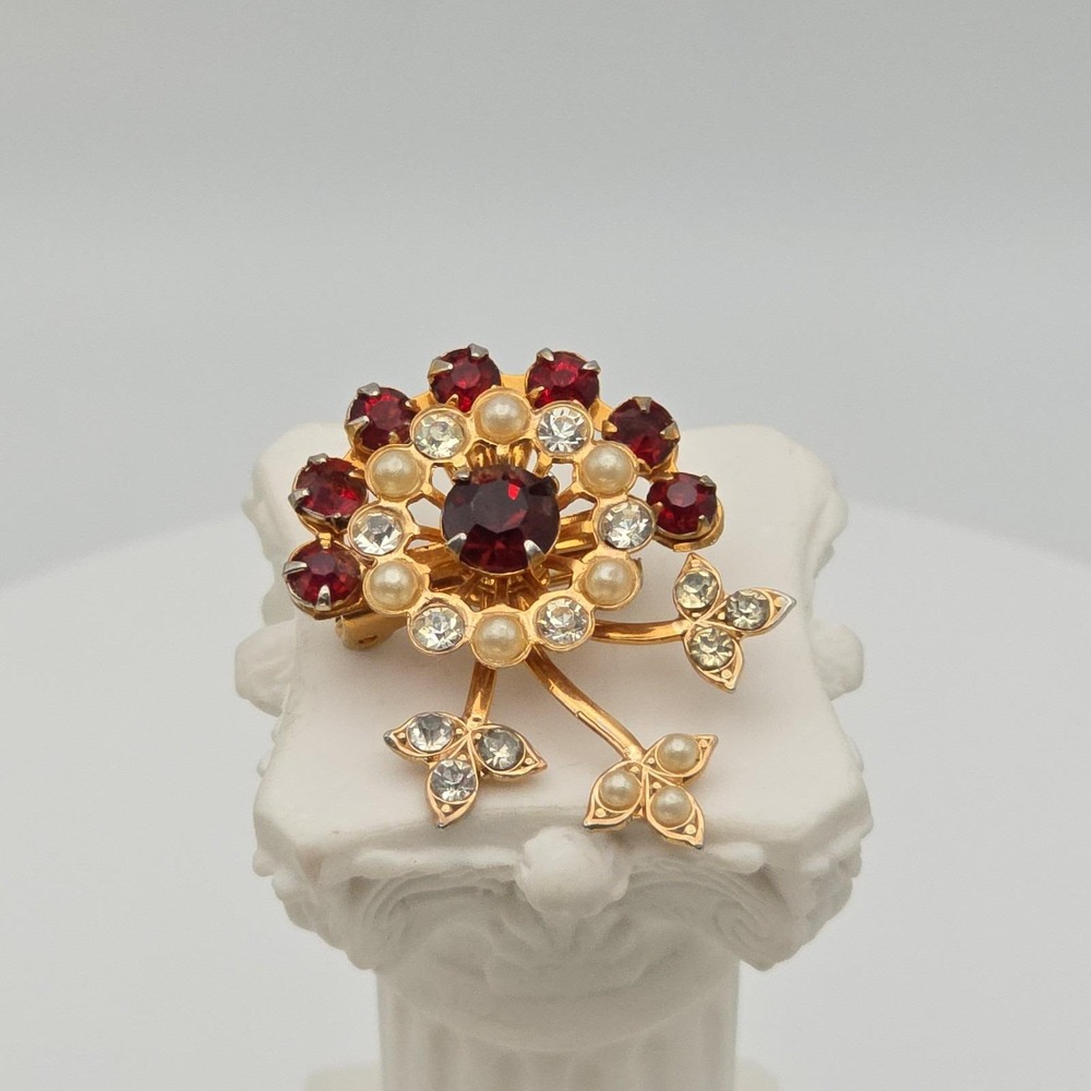 Vtg 75 Yr Old Floral Brooch Pin Red Rhinestone Faux Pearl Trailing Stems Leaf